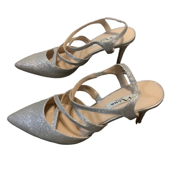 Nina Shoes - Nina Cianna Platino Glitter Pumps Women 11‎ Silver Strappy Pointed Toe Leather
